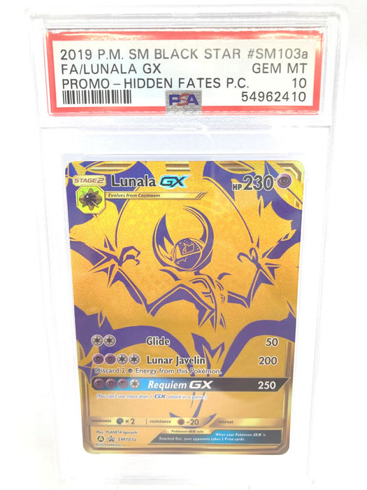 pokemon lunala gold card Lunala GX SM103A Gold Rare Graded Promo Card PSA 10 Gem Mint (Hidden F — Titan Cards Ltd