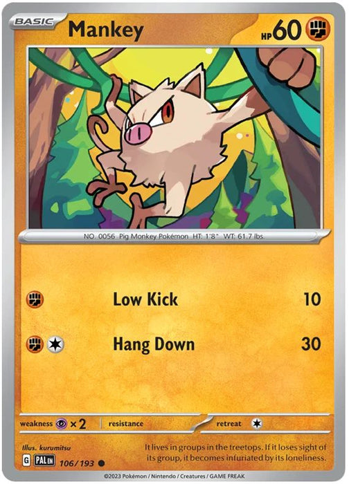 Mankey 106/193 Common Reverse Holo Pokemon Card (SV2 Paldea Evolved)