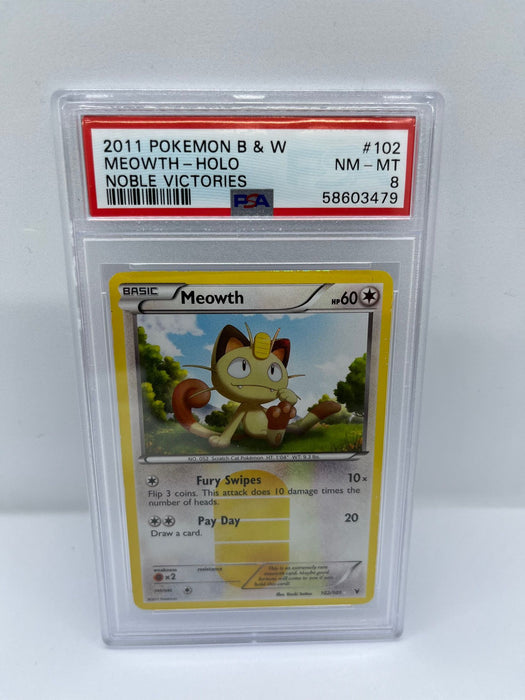 Meowth 102/101 PSA 8 Graded Common Pokemon Card (2011 Pokemon B & W - Noble Victories)