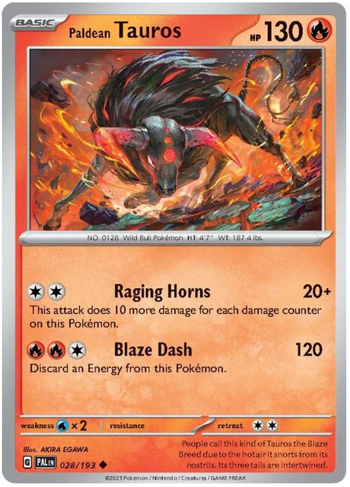 Paldean Tauros 028/193 Uncommon Reverse Holo Pokemon Card (SV2 Paldea Evolved)