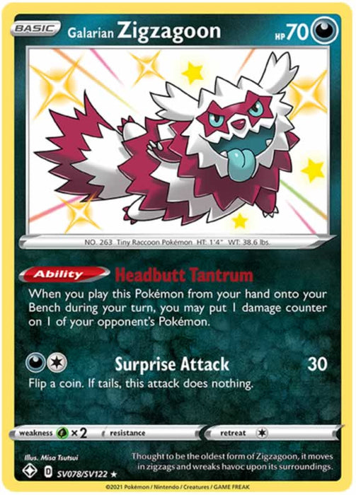 Galarian Zigzagoon SV078/SV122 Shiny Rare Pokemon Card (Shining Fates)