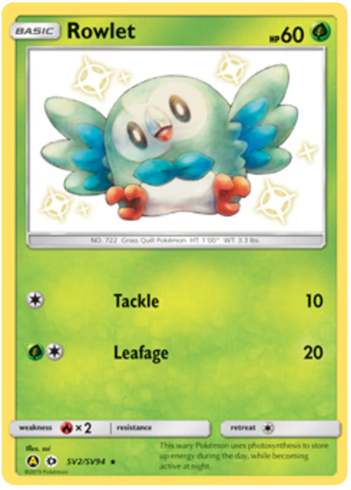 Rowlet SV2/SV94 Shiny Rare Pokemon Card (Hidden Fates)