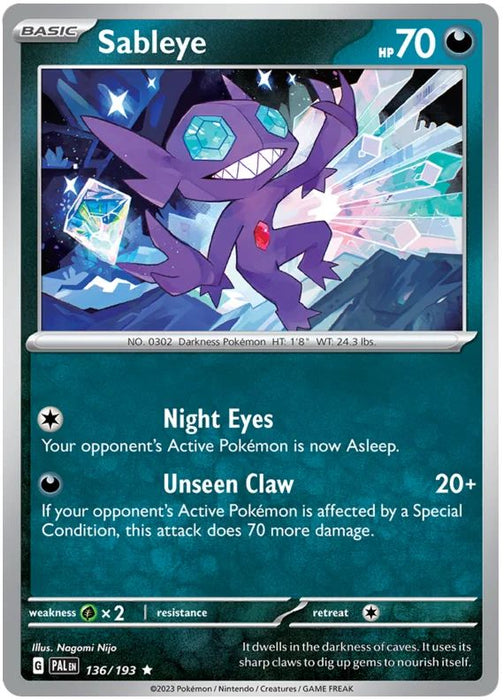 Sableye 136/193 Rare Pokemon Card (SV2 Paldea Evolved)