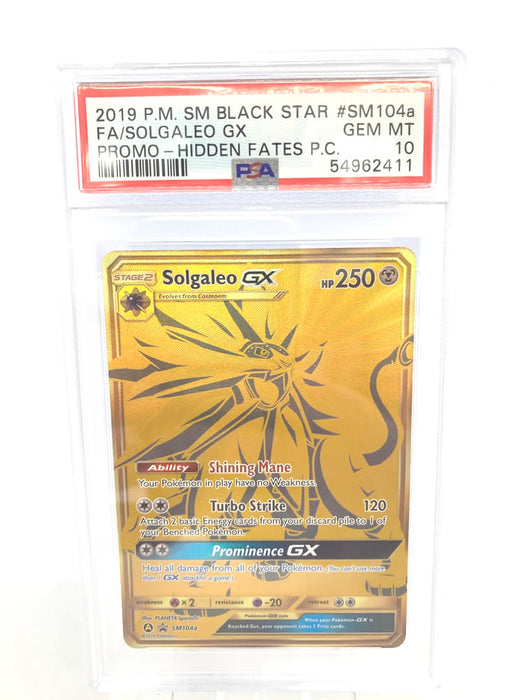 Solgaleo GX SM104A Gold Rare Promo Card PSA 10 Gem Mint (Hidden Fates Ultra Premium Collection)