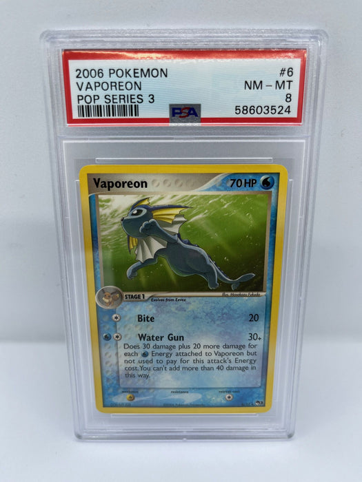 Vaporeon 6/17 PSA 8 Graded Rare Pokemon Card (2006 Pokemon - Pop Series 3)