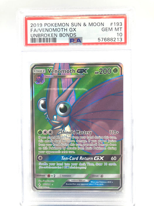 Venomoth GX 193/214 PSA 10 Gem Mint Graded Pokemon Card (Unbroken Bonds)